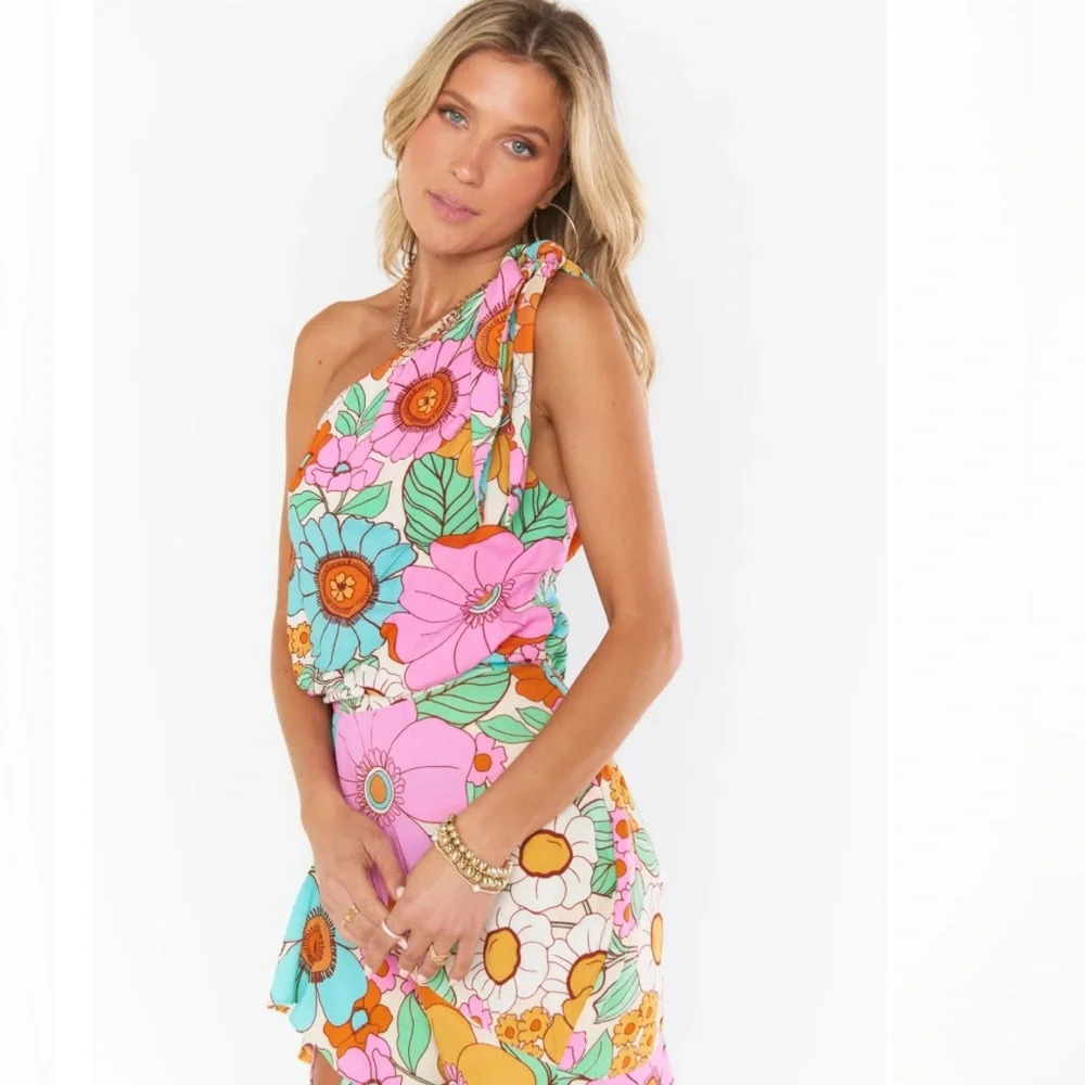 Show Me Your MuMu Floral One-Shoulder Top - Pink, Orange, Green